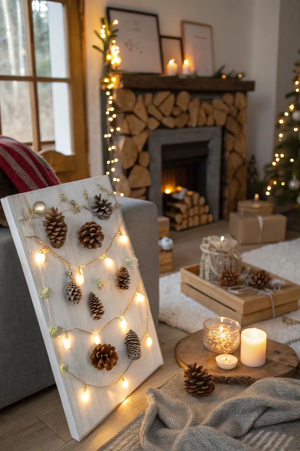 Incorporate a natural sparkle through seed cones and imitation snow.