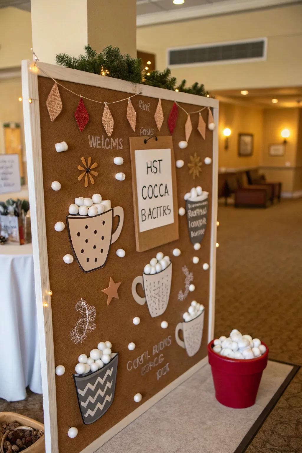 A warm beverage station adds warmth and coziness to the winter bulletin board.