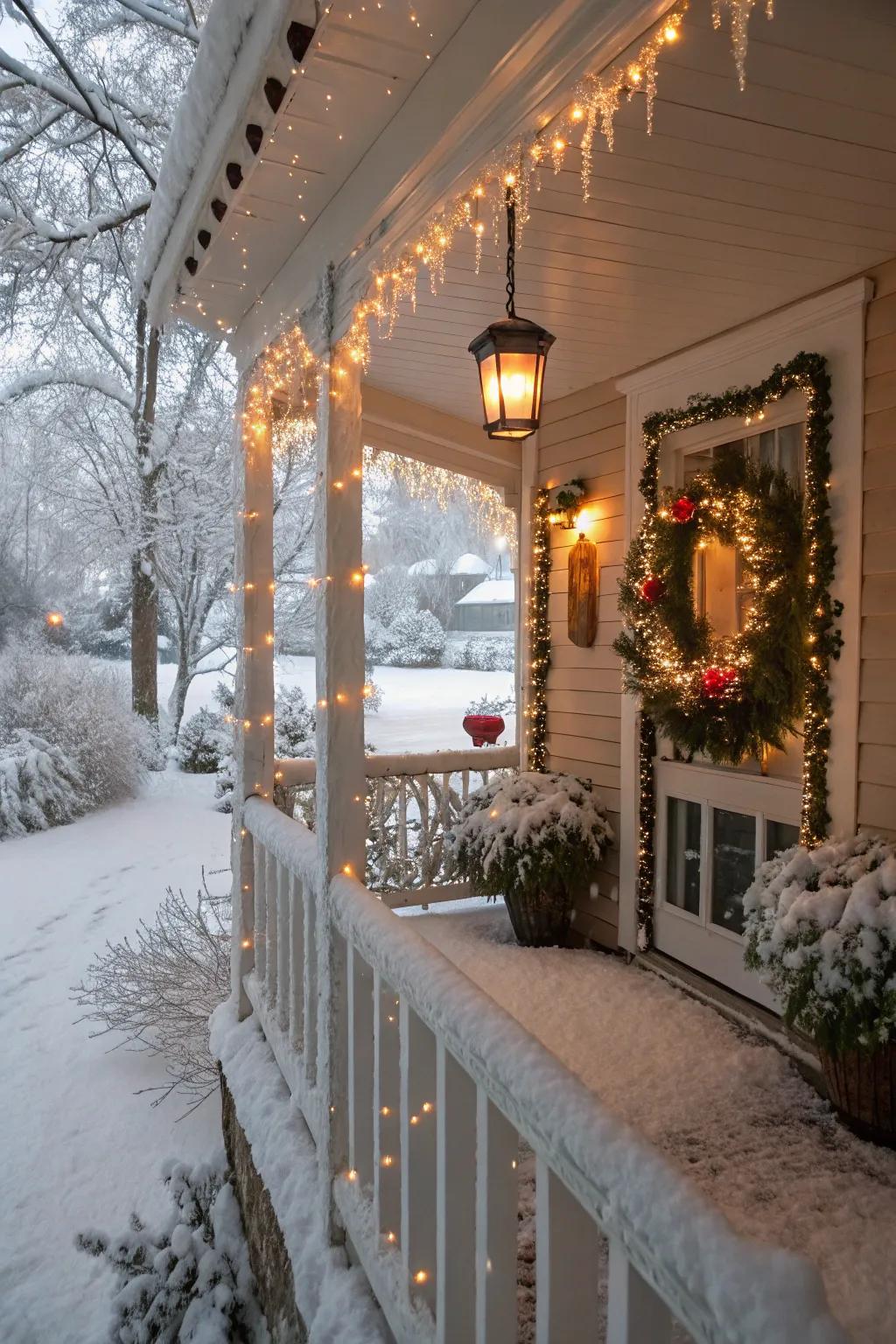 Artificial snow enhances the frosty feel of this winter porch.