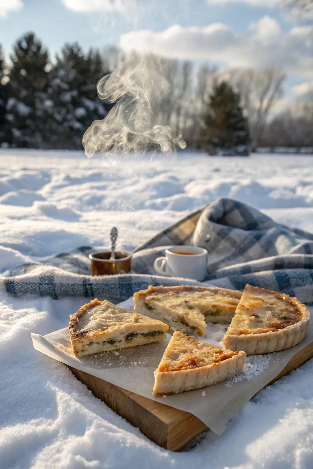 Quiche slices contribute a savory addition to any picnic.
