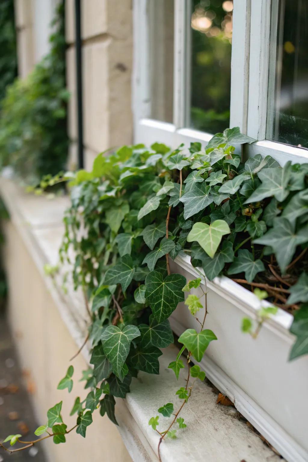 Cascading vines add a hint of refinement to this winter window box.