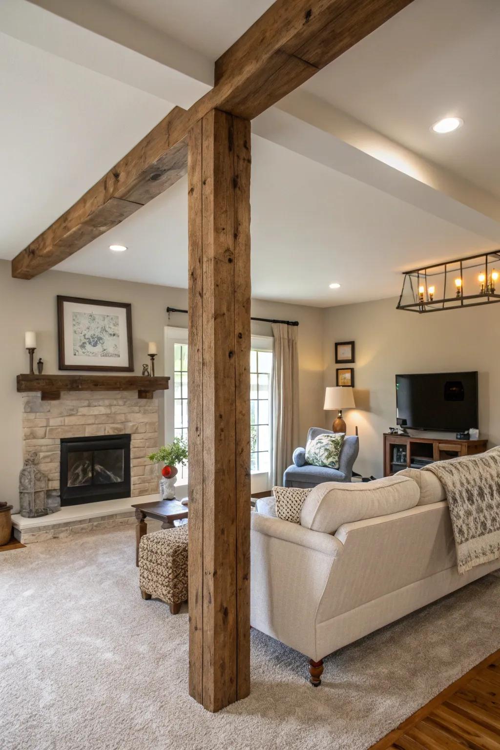A subtle accent beam adding interest to a cozy living room.