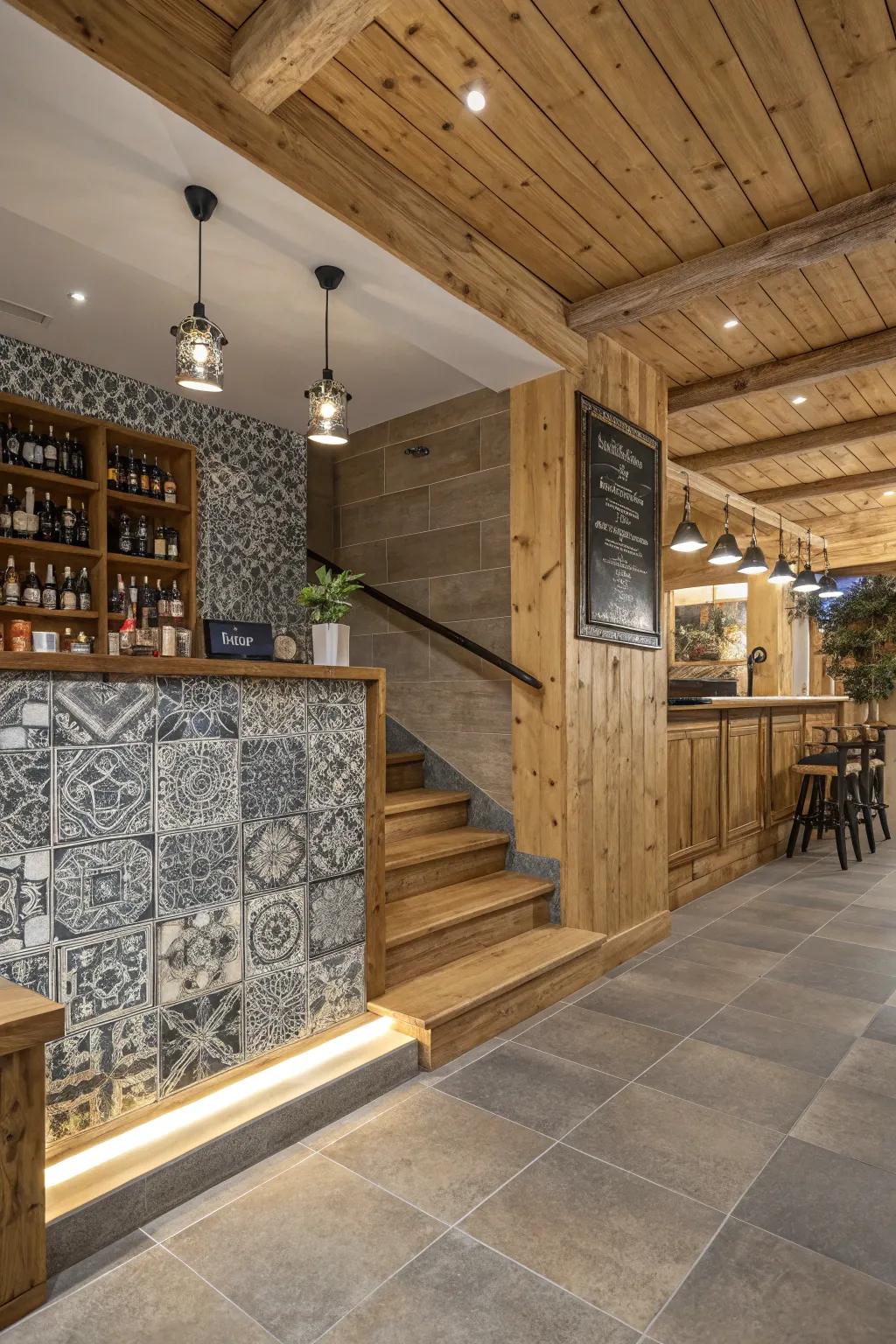Country wood meeting modern tiles in a stylish interior setting.