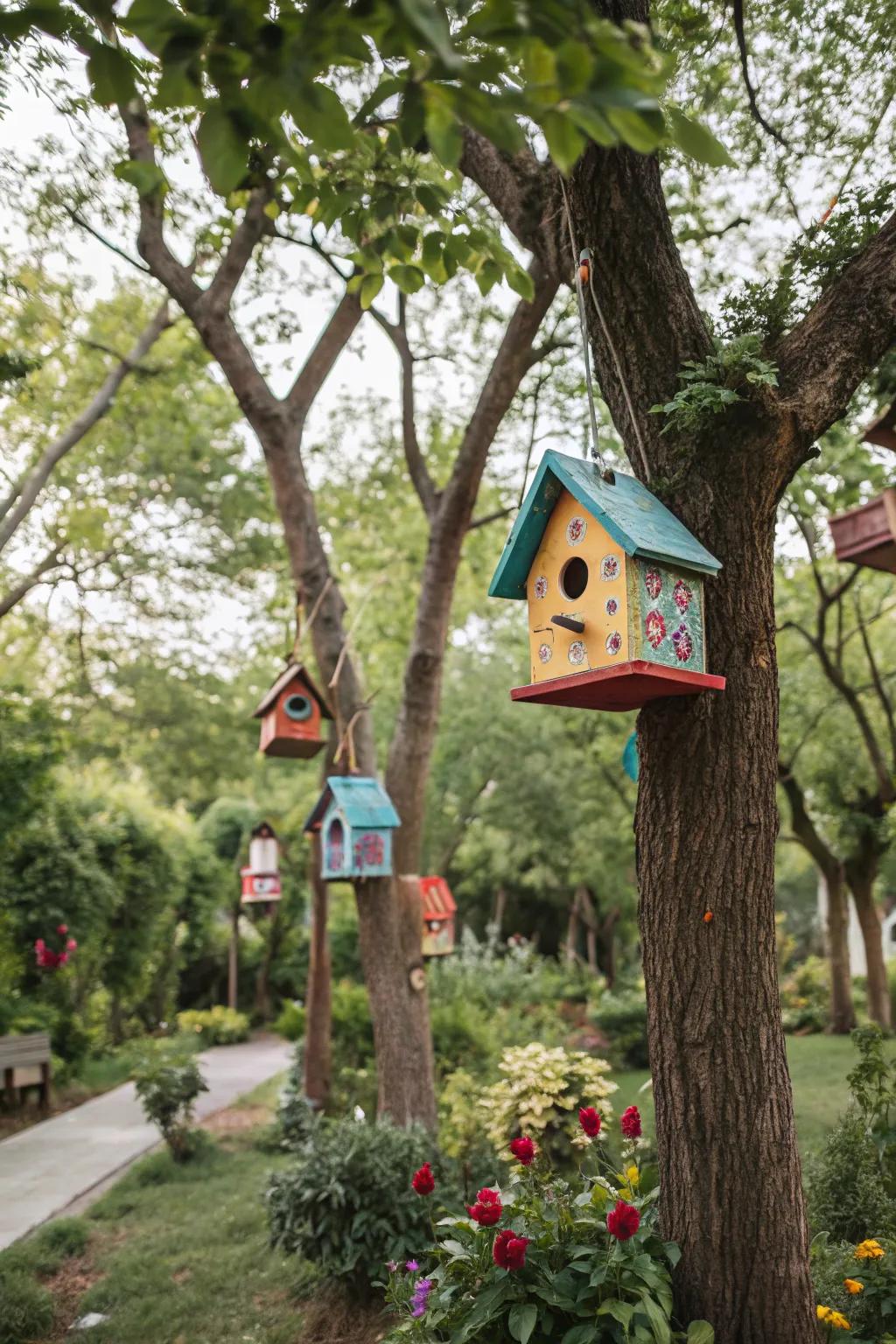 Add life to your garden with colorful wooden birdhouses.
