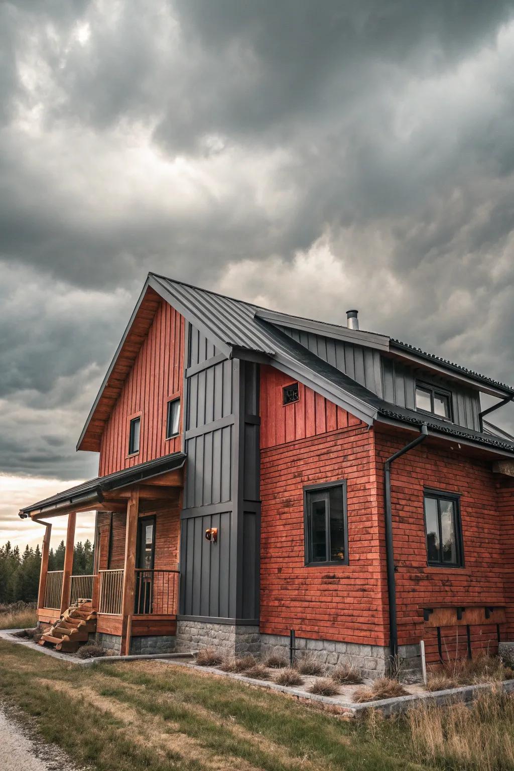 A wood house that embraces modern design with industrial colors.