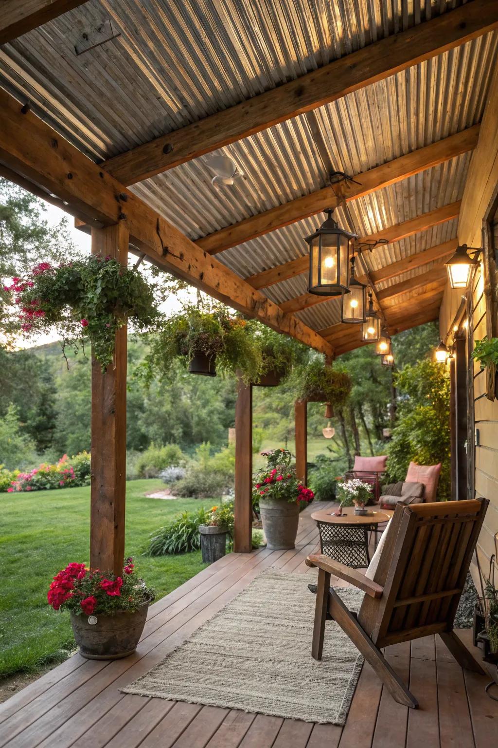 A country timber patio shelter with a delightful metallic ceiling.