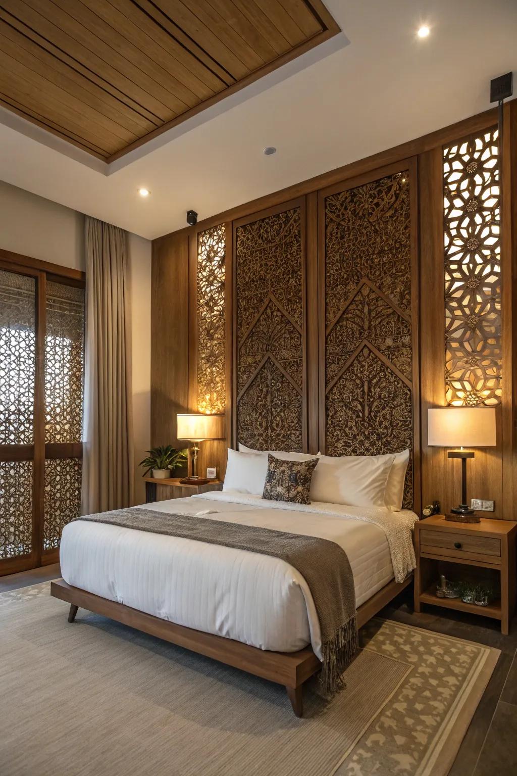 A serene bedroom with a balanced wood design enhancing the calm vibe.