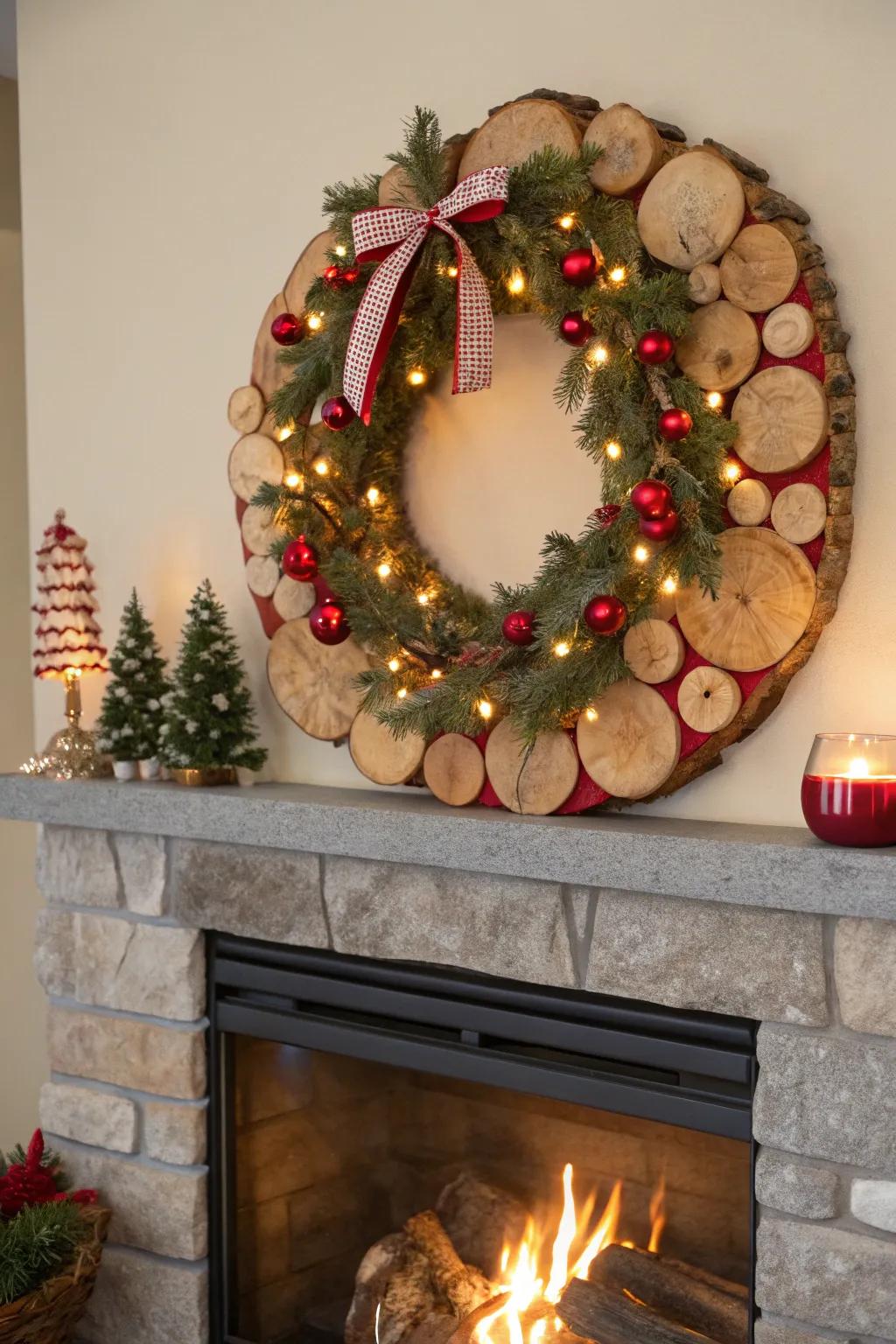 Festive wood round wreath spreads holiday cheer.