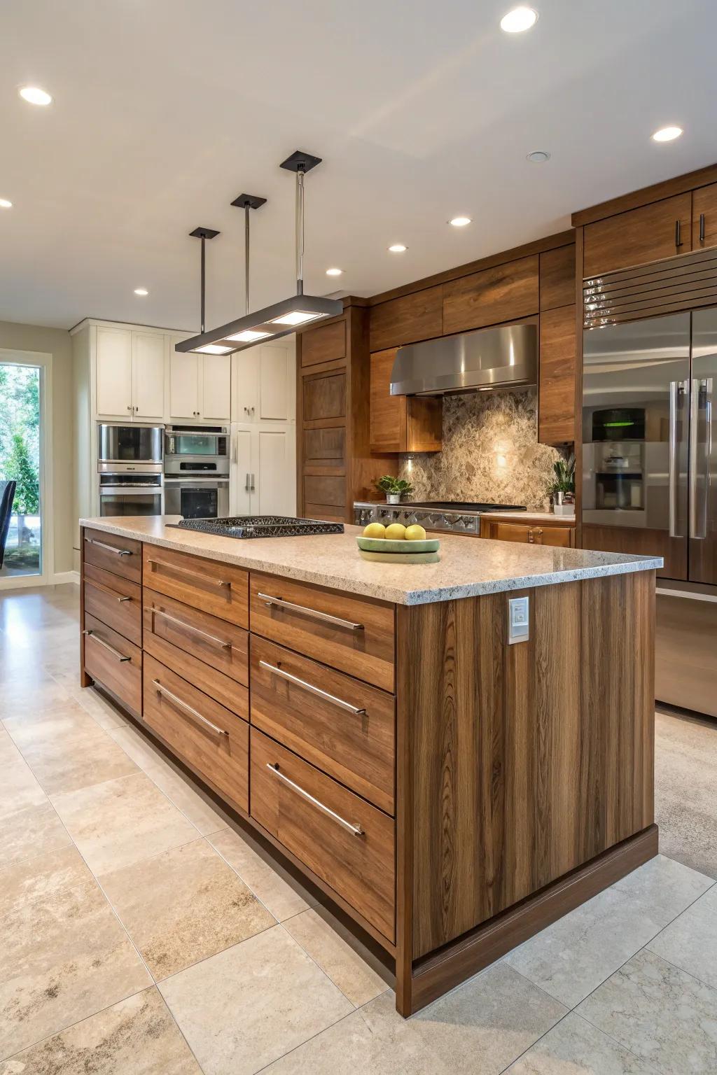 A kitchen showing a wood panel-wrapped island.