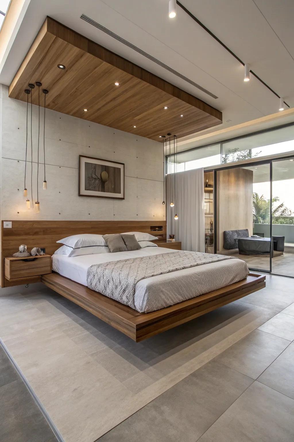 A floating wooden bed creates a modern and spacious vibe.