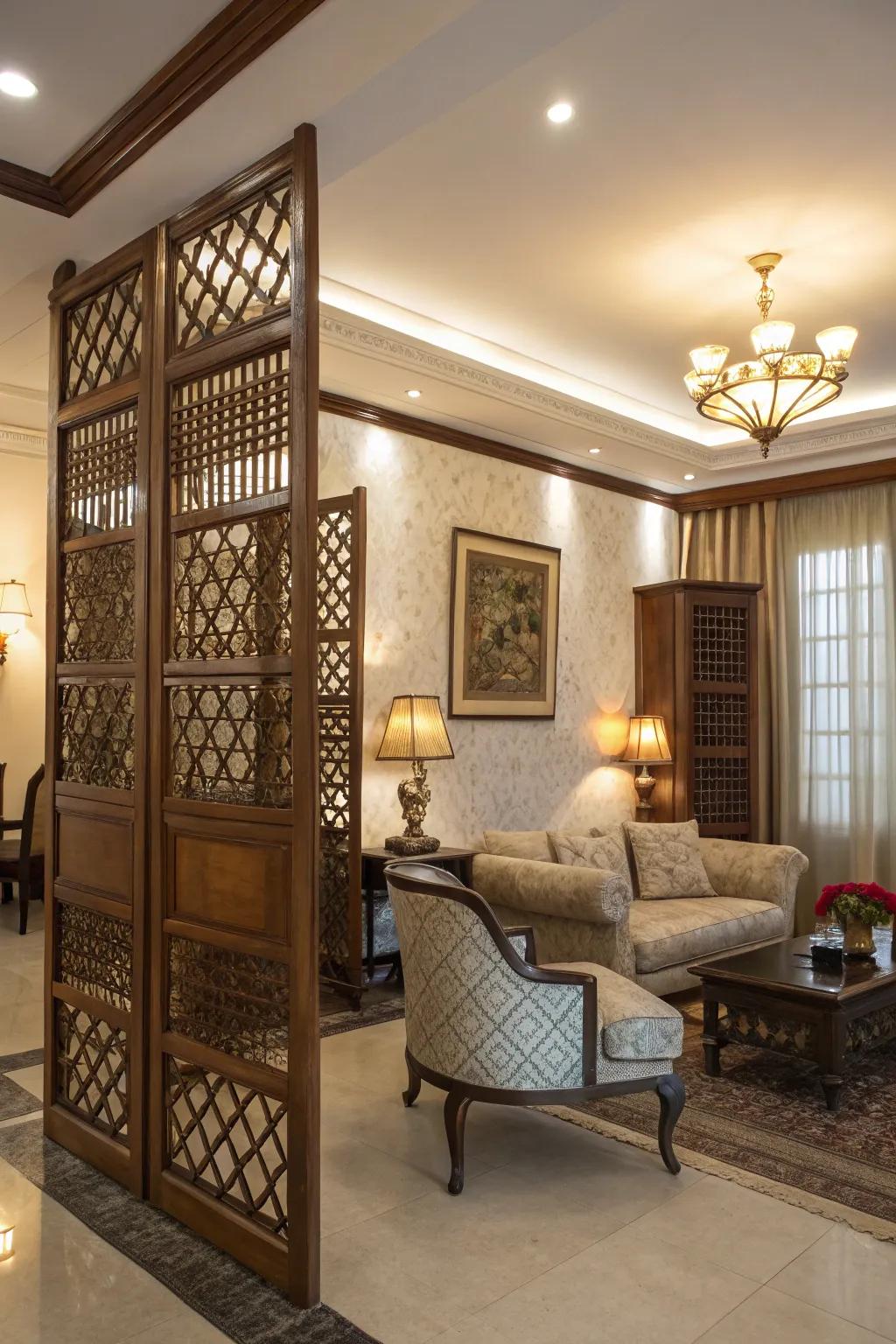 Lattice work featured on timber dividers imparts a sophisticated charm to this living space.
