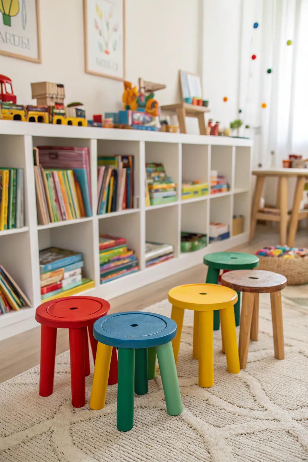 Colorful wooden stools bring fun to a children's play area.