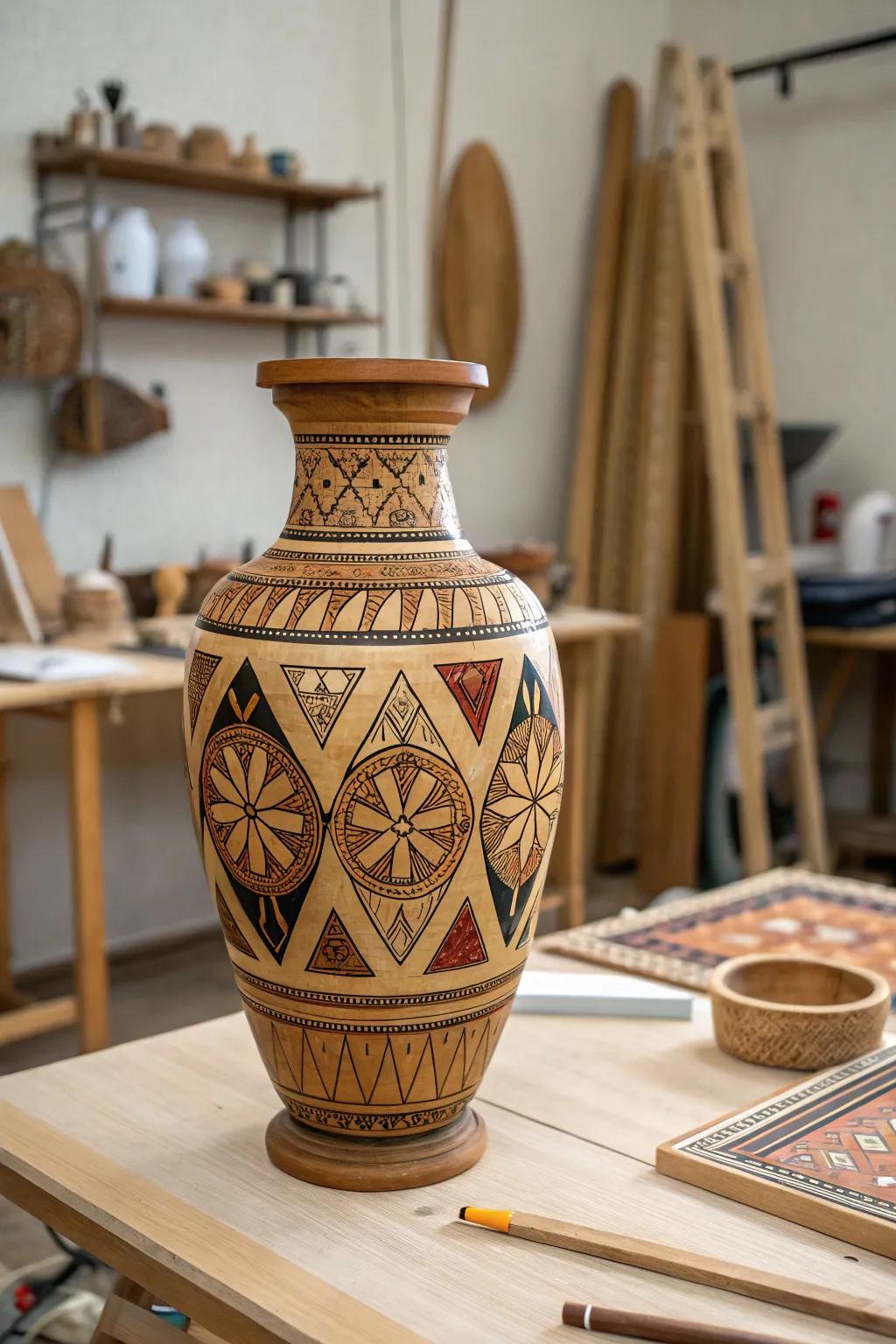 Incorporate artistic elements through wooden vases with inlay designs.