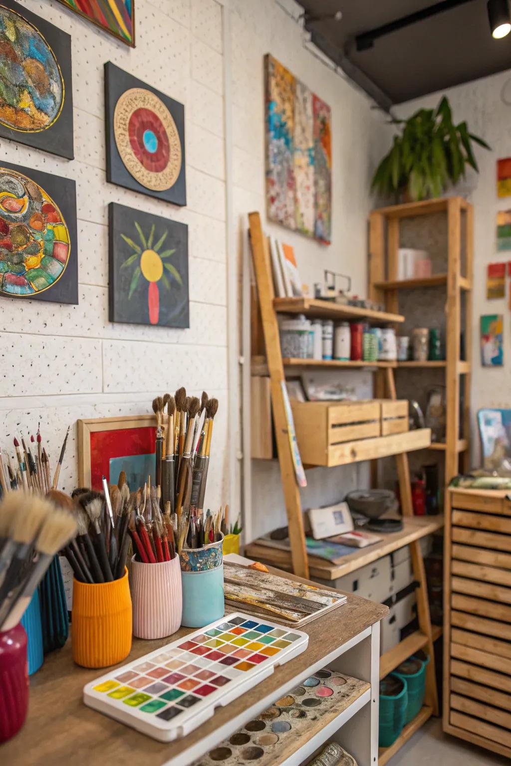 Art tools seamlessly blend into the studio's decor.