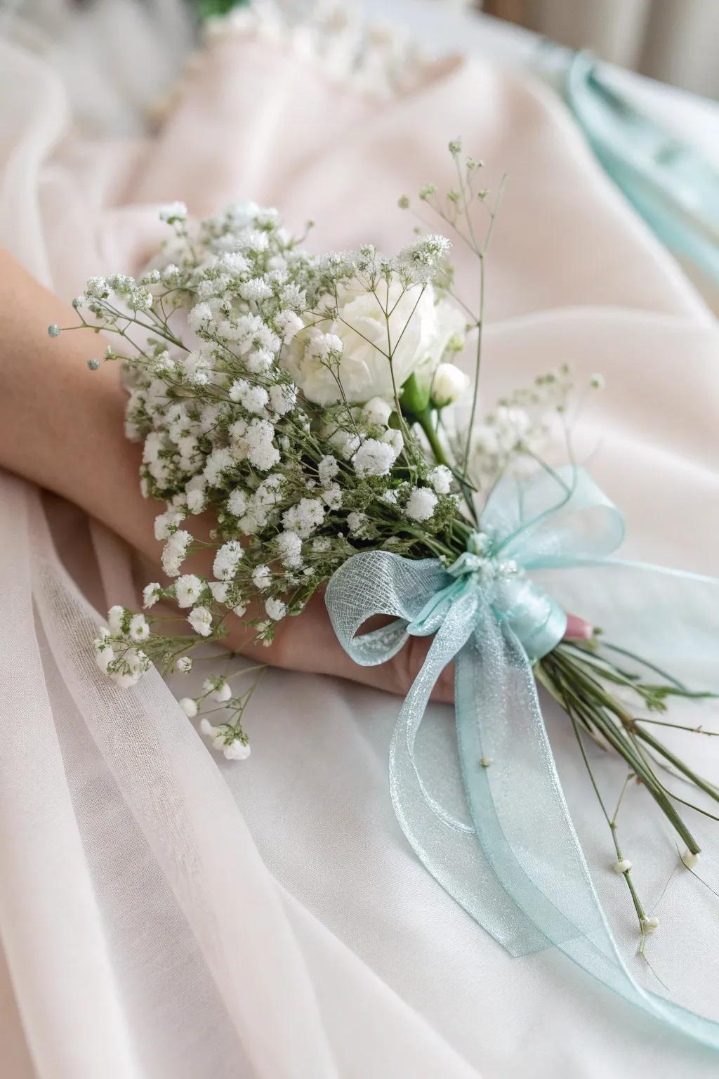 Ethereal wrist corsage featuring delicate baby's breath.