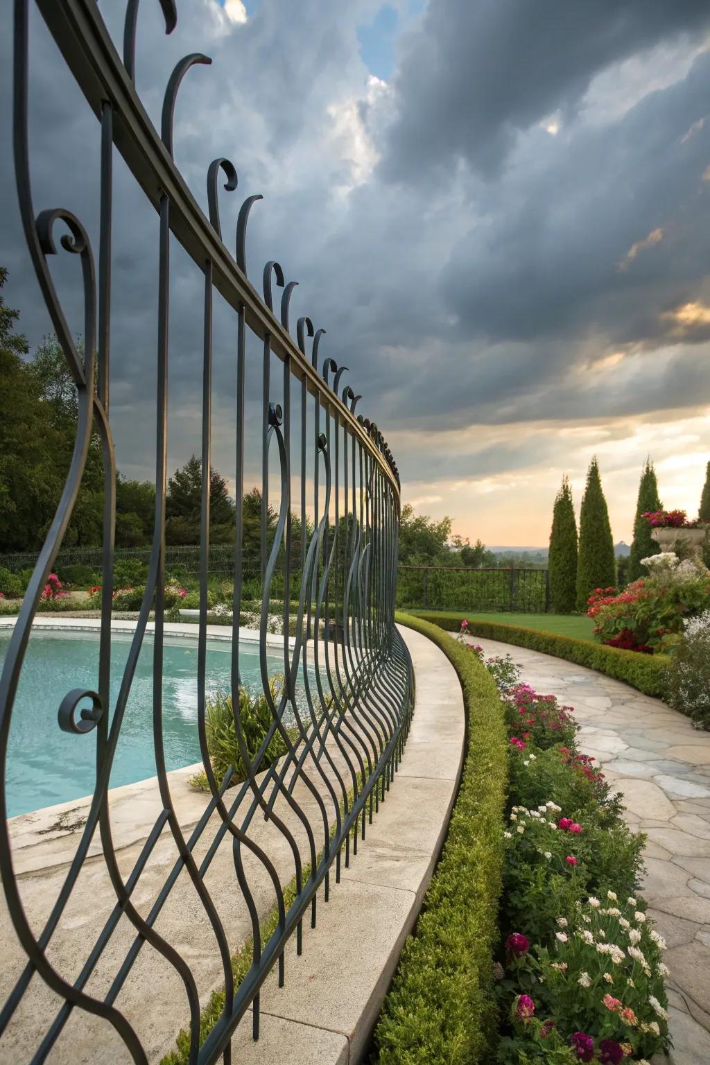 Curved lines in the metal rod barrier create an elegant flow around the pool.