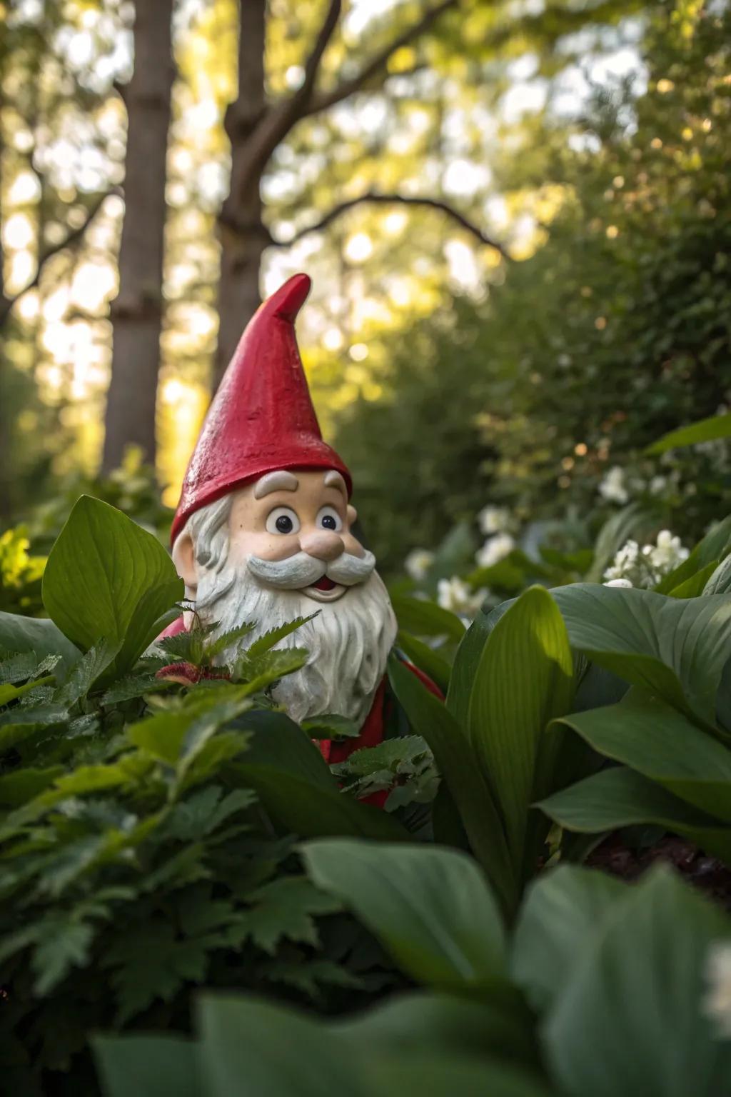 Quirky garden figures add a playful touch to this garden.