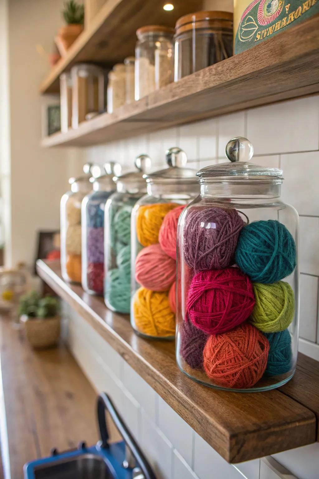 Glass jars create an attractive and protective yarn display.