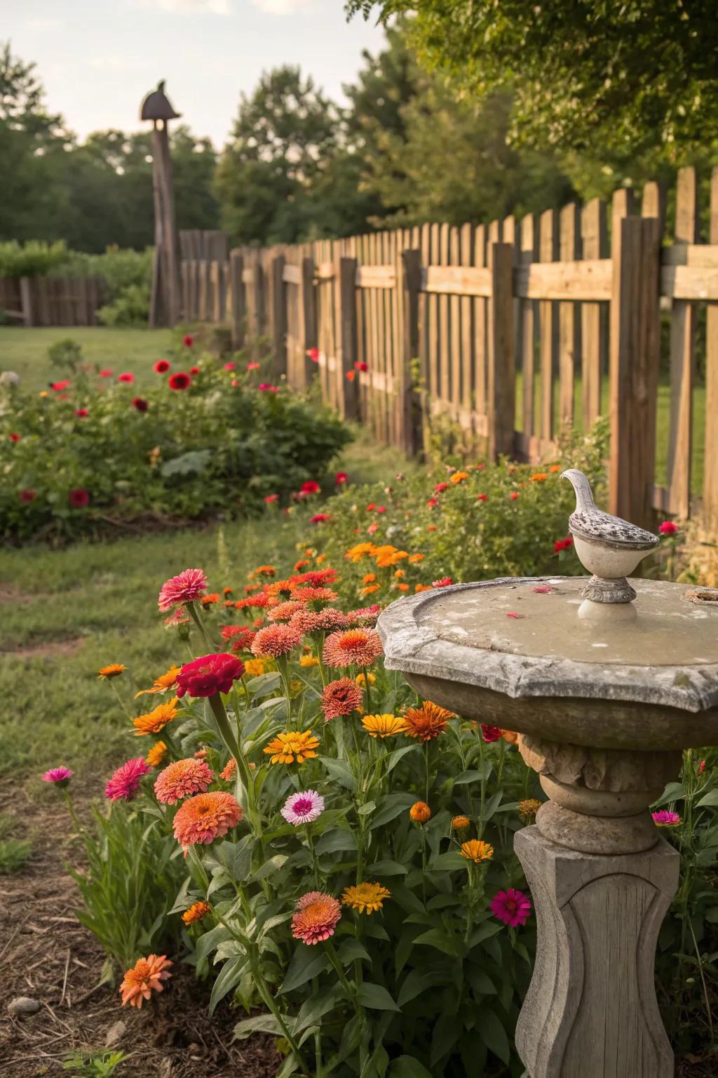 Rural charm in a 'Bloom of Joy' garden with a timber perimeter and avian bath.