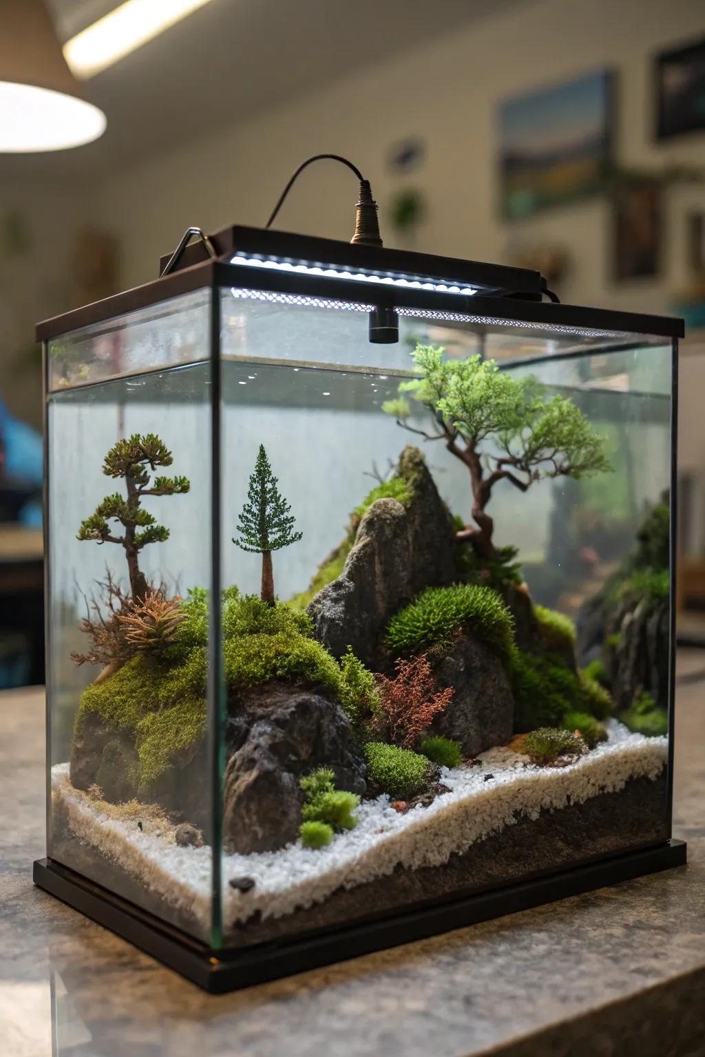 Small-scale panoramas offer a charming and thorough aquarium arrangement.