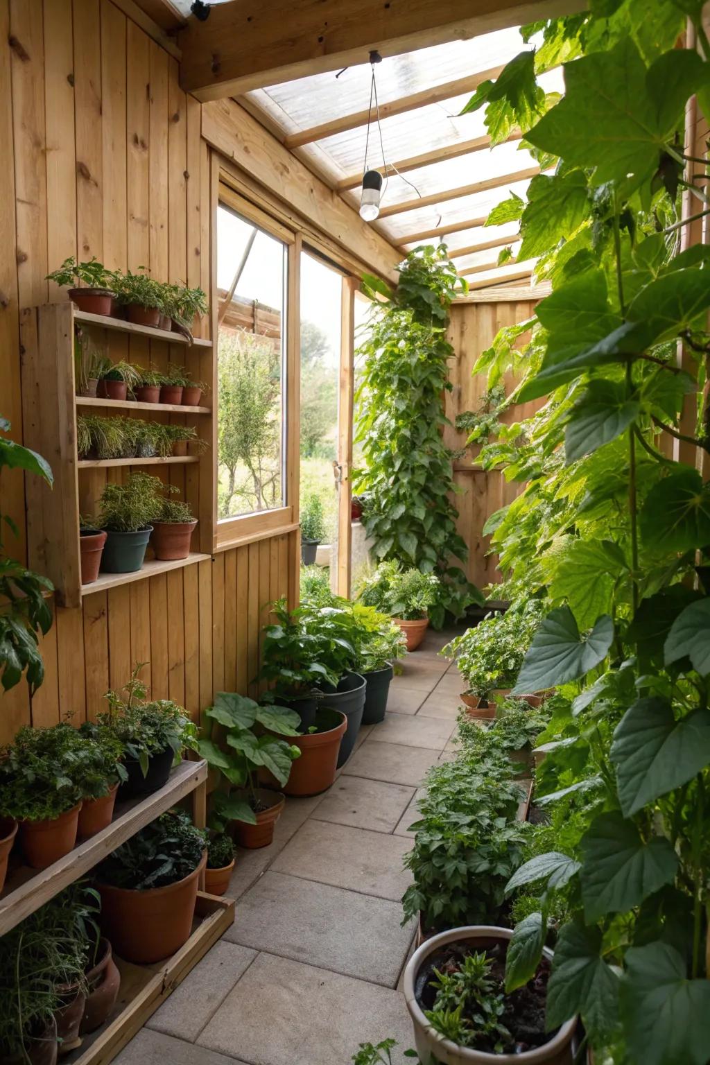 An indoor conservatory oasis with lush plants and vertical greenery.