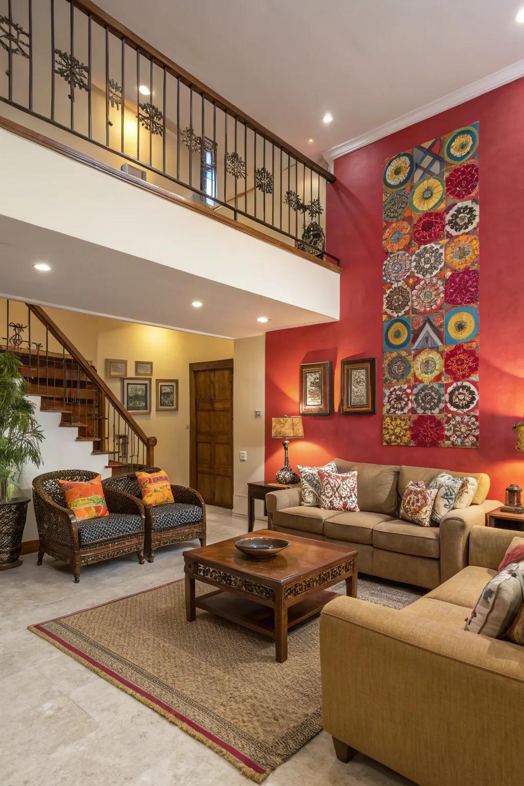 A bold accent wall infuses energy into the space.