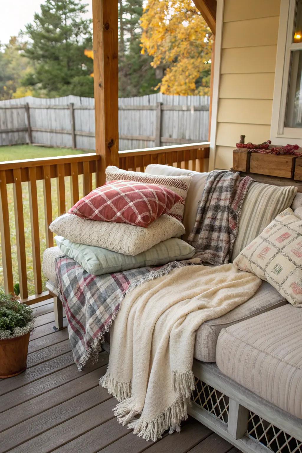 Textiles contributing warmth and texture to the porch seating.