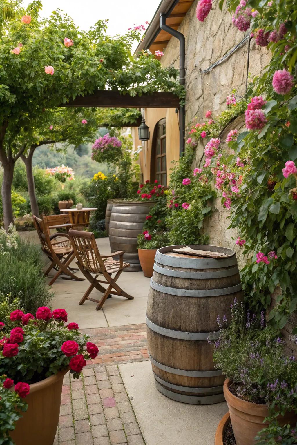 Wine barrels give a rustic touch to outdoor water storage.