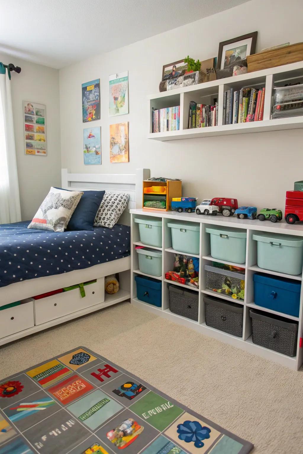 Organized storage to keep the room free of clutter.