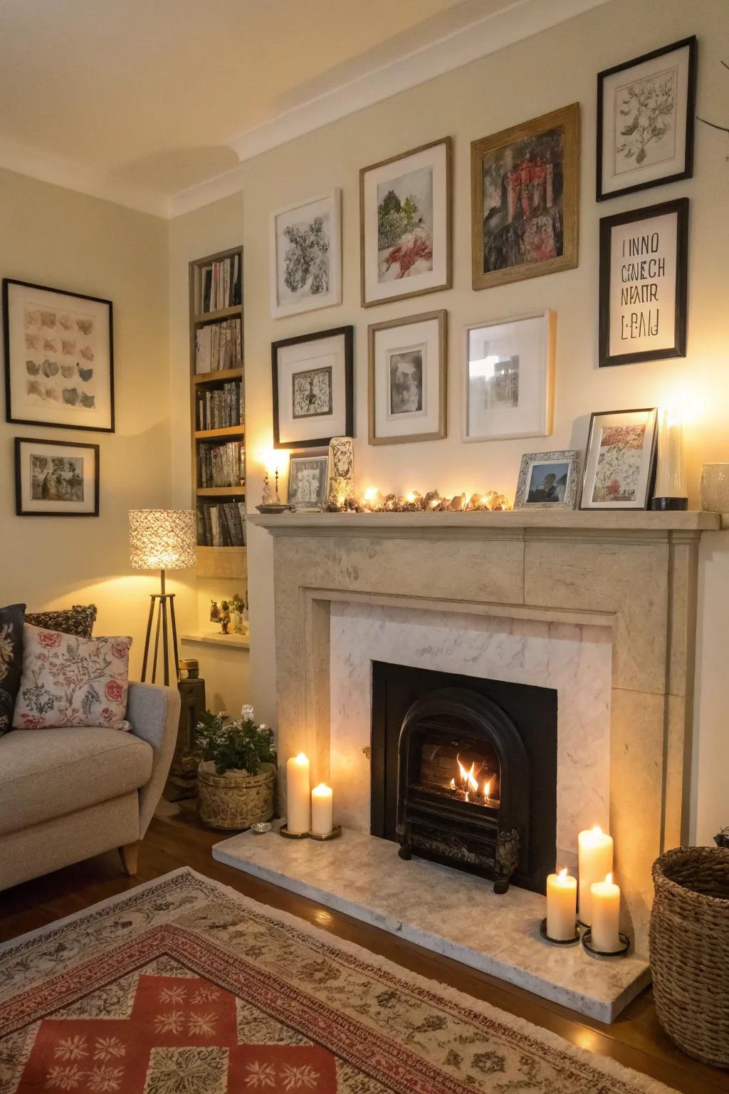 A collection display crafts a curated and artistic display above the fireplace.