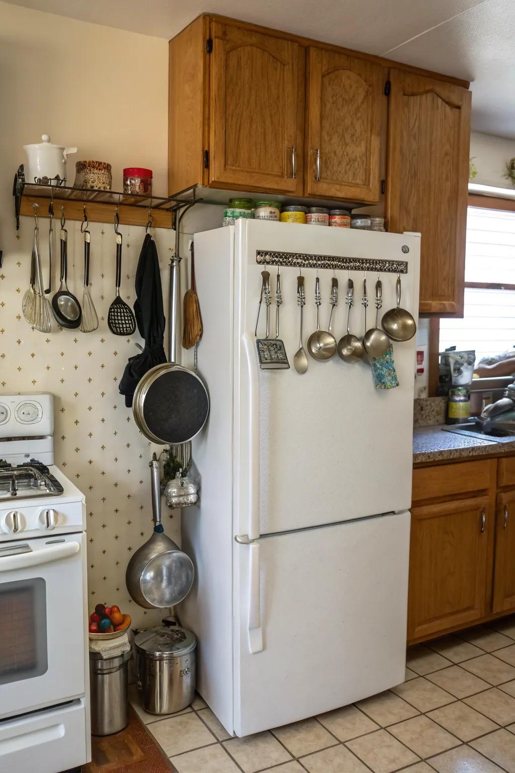Utensil hooks keep frequently used tools neatly displayed and accessible.