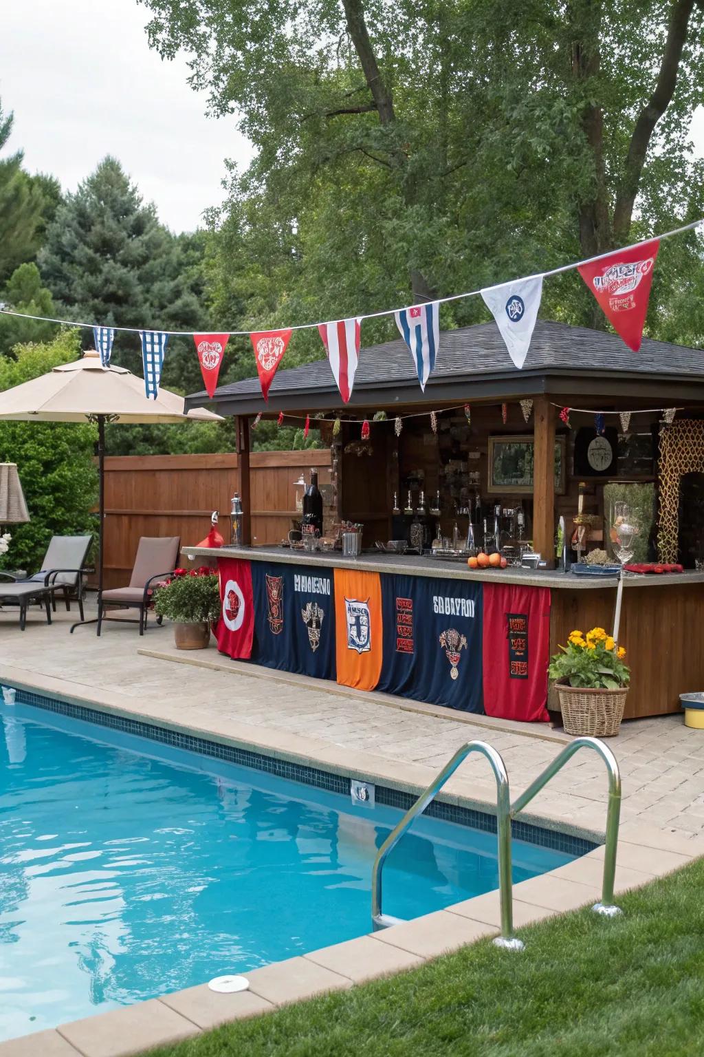 A sports-themed bar is perfect for game day excitement by the pool.