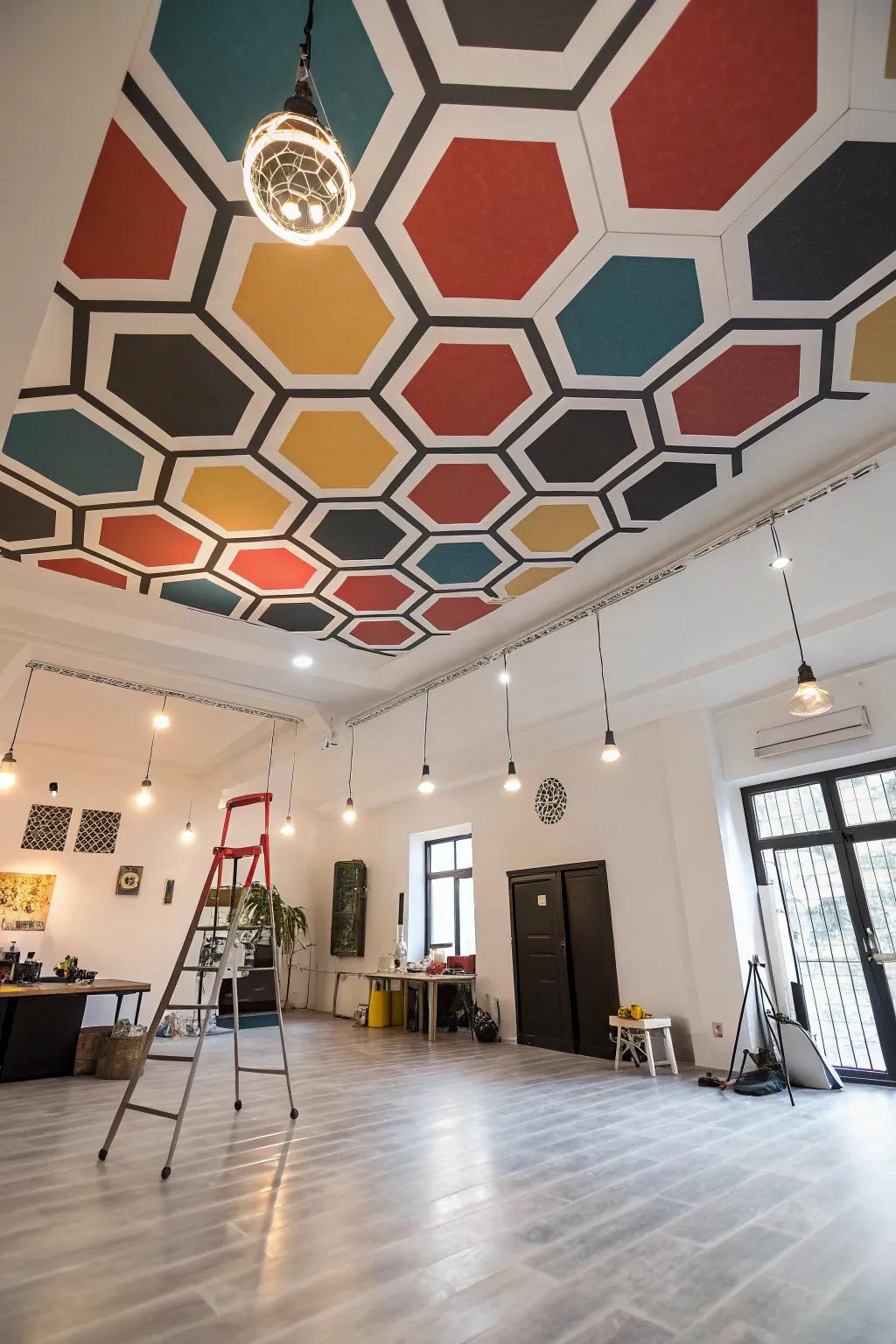 Geometric patterns introduce an impressive flair to this studio ceiling.