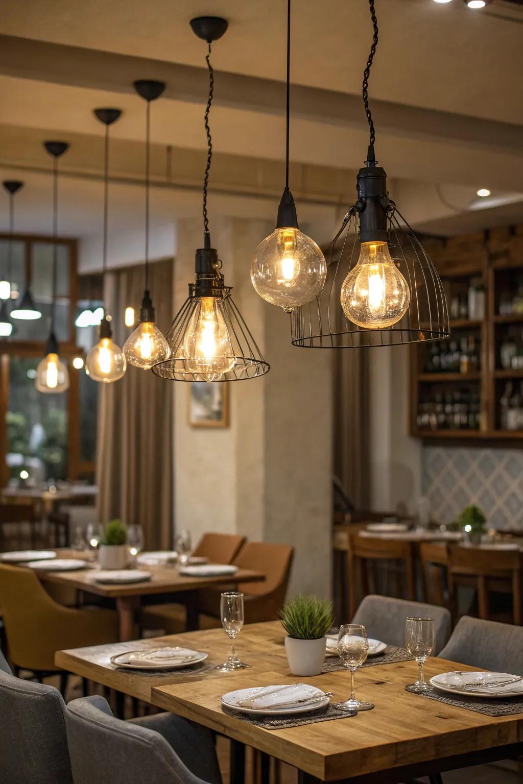 Assembled hanging lights present a sophisticated dining experience.