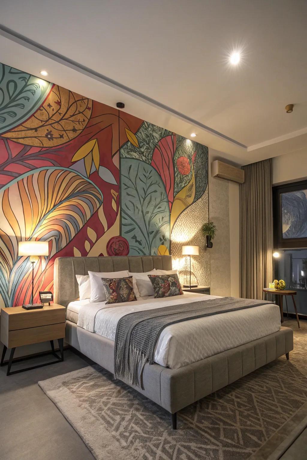 A non-representational design on the feature wall adds a unique artistic touch to the bedroom.
