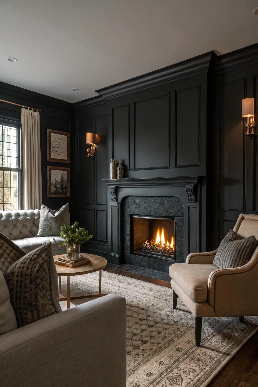Dark tones create a snug and dramatic ambiance.