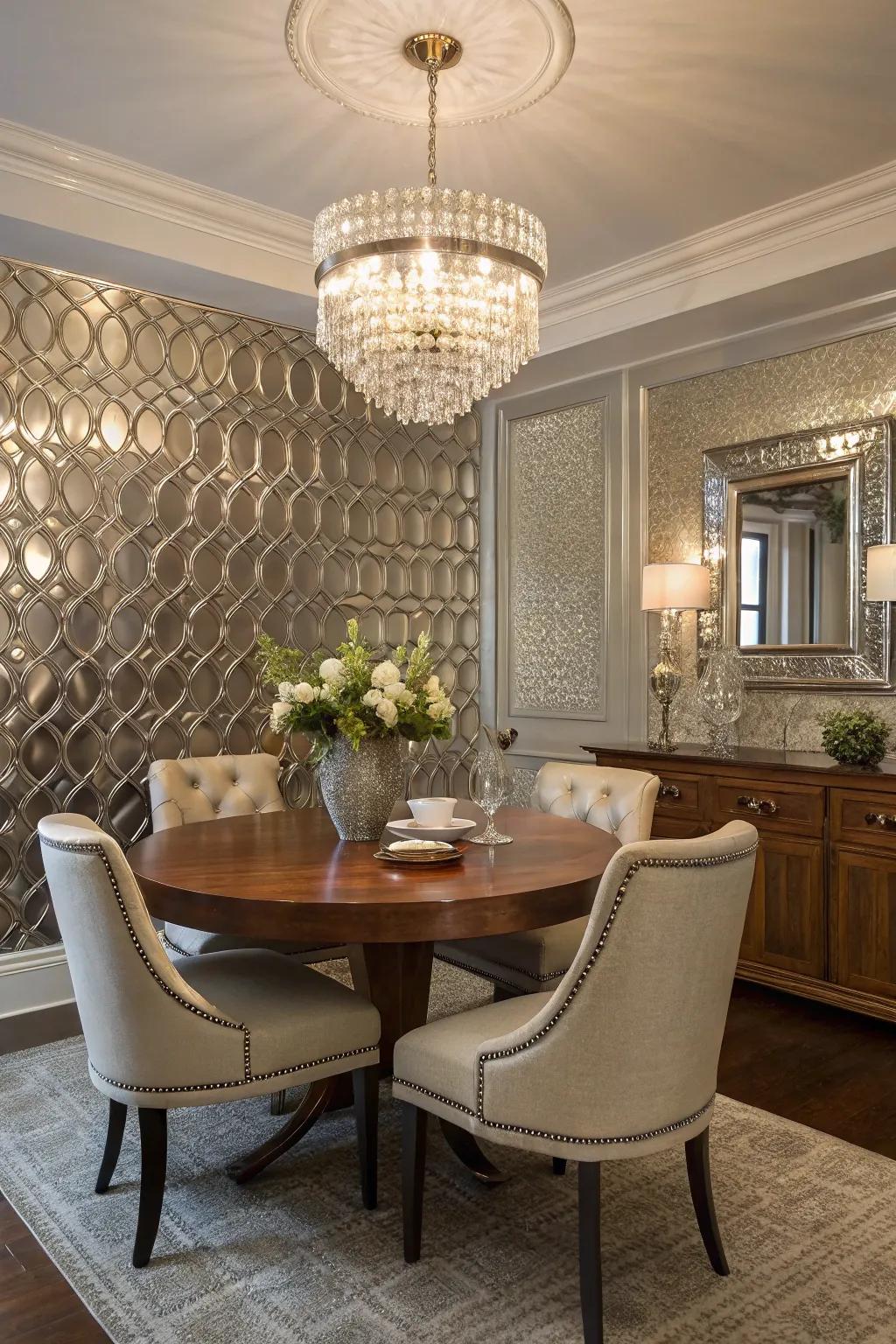 A dining room featuring a metallic accent wall for a glamorous touch.
