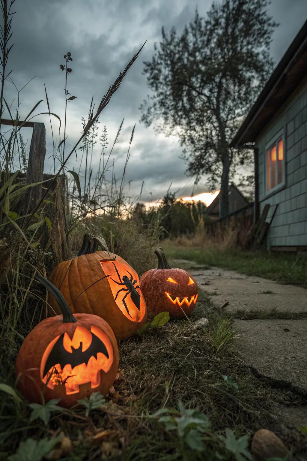 Embrace the spooky mood with eerie insect carvings.