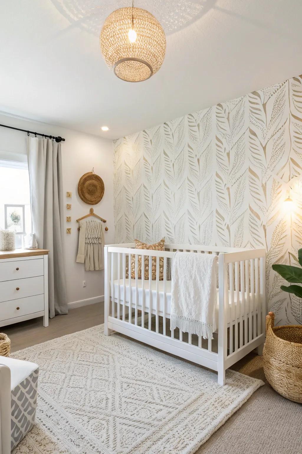 A feature wall enhances the depth of a white nursery.