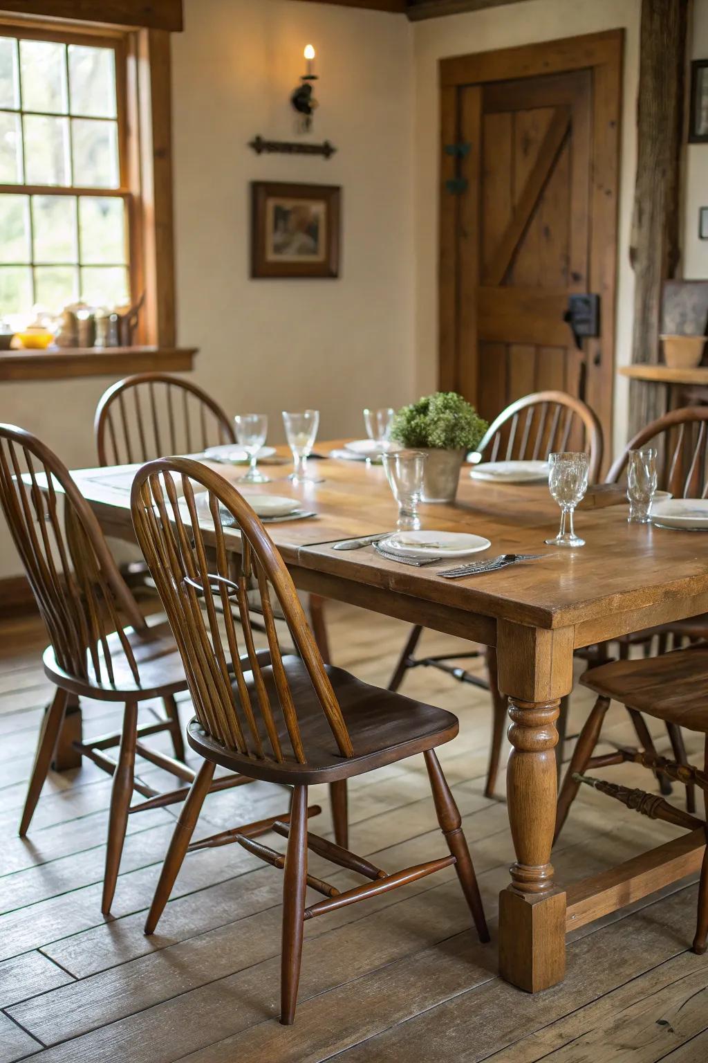 Rod-back chairs enhancing classic charm to a colonial dining space.