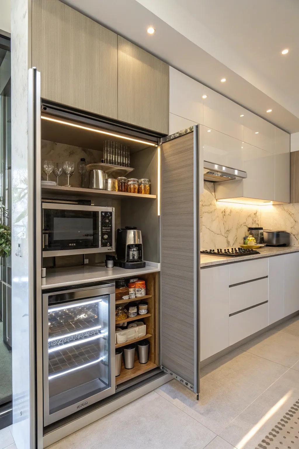Roller doors provide style and functionality, smoothly revealing hidden appliances.