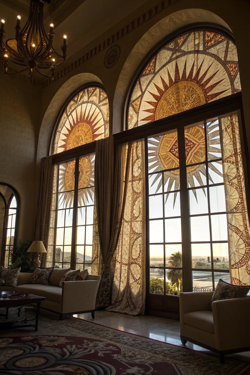 Dramatic living area with sunburst fabric design on arched windows.