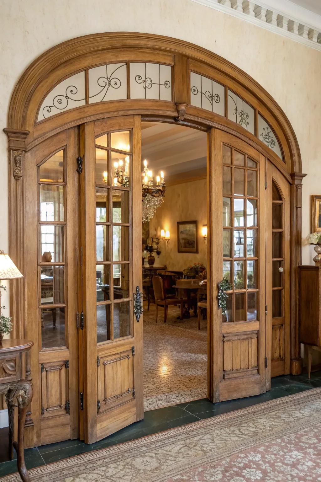 Vintage folding arched doors adding charm and functionality to the interior.