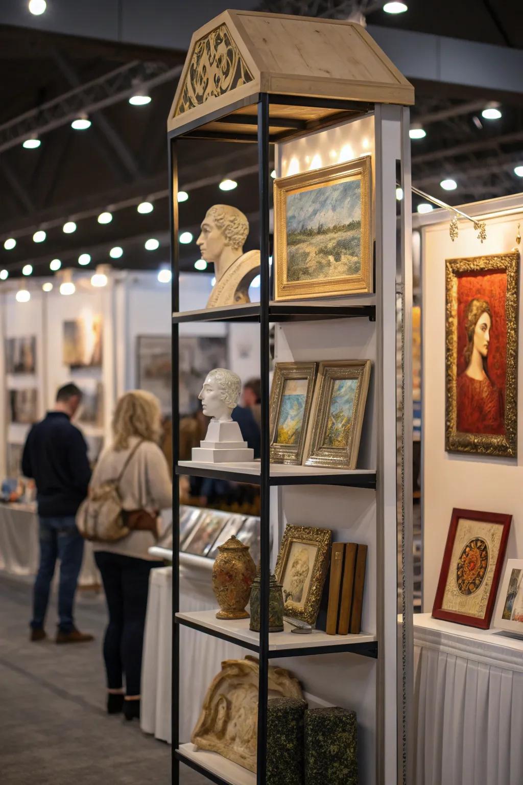 Shelves provide structure and enhance the visual interest of the art display.