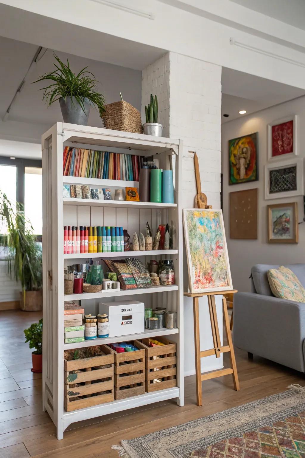 Repurposed bookshelves provide an excellent way to display and store art supplies.