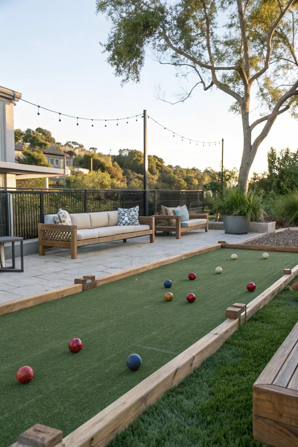 An engaging game area set on vibrant synthetic turf.