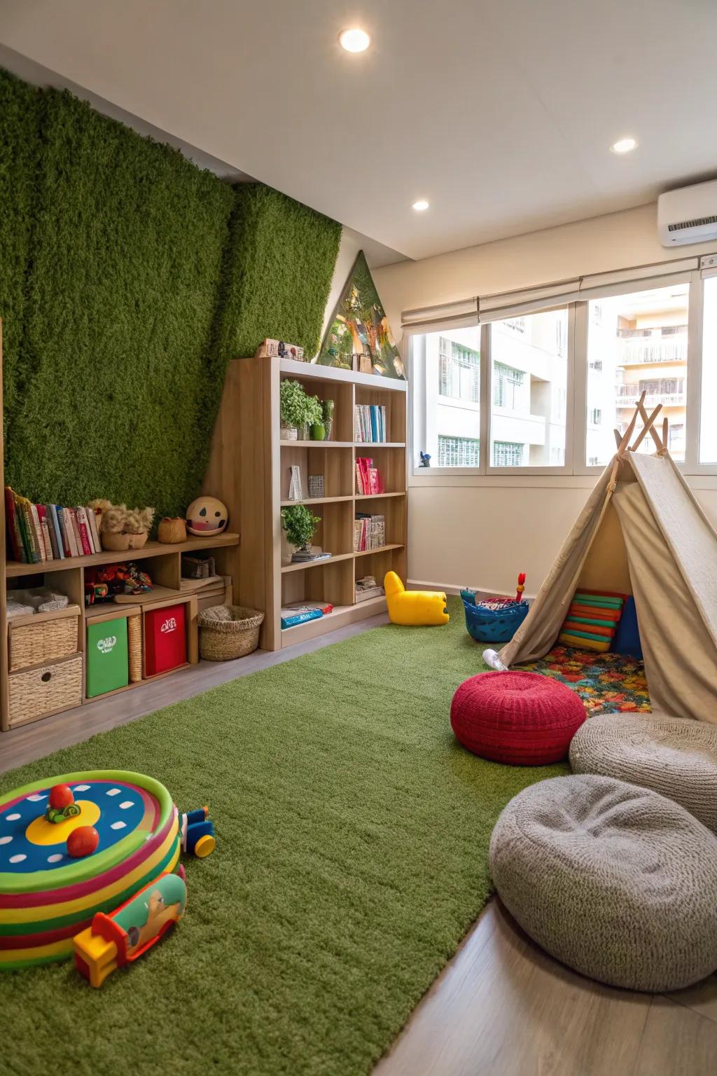 A playful children's playroom featuring a verdant artificial wall for added fun.