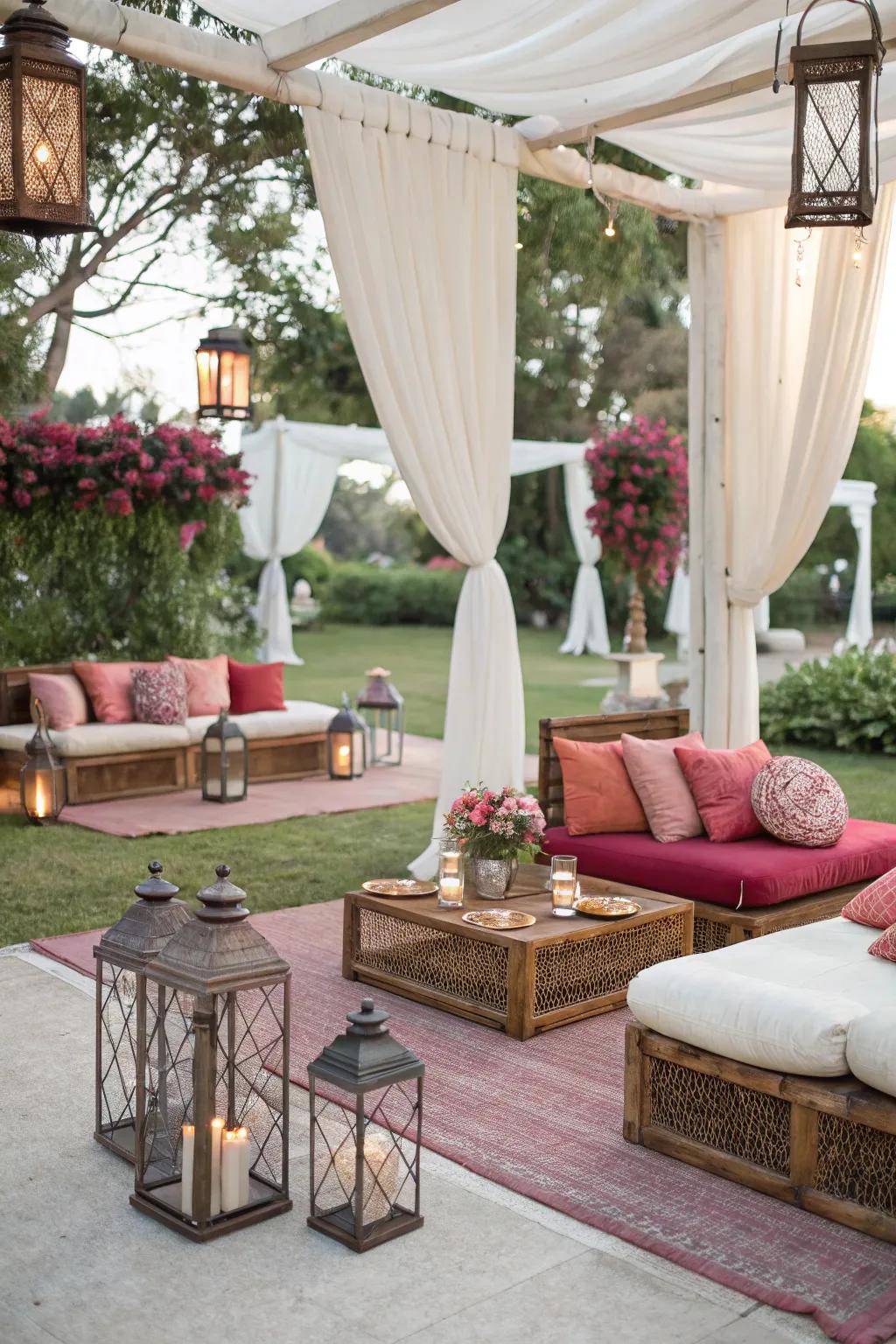 A cozy relaxing area gives guests a relaxing space at the wedding.