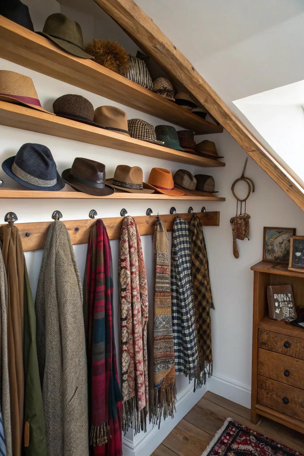 Wall hooks offer easy access to accessories.