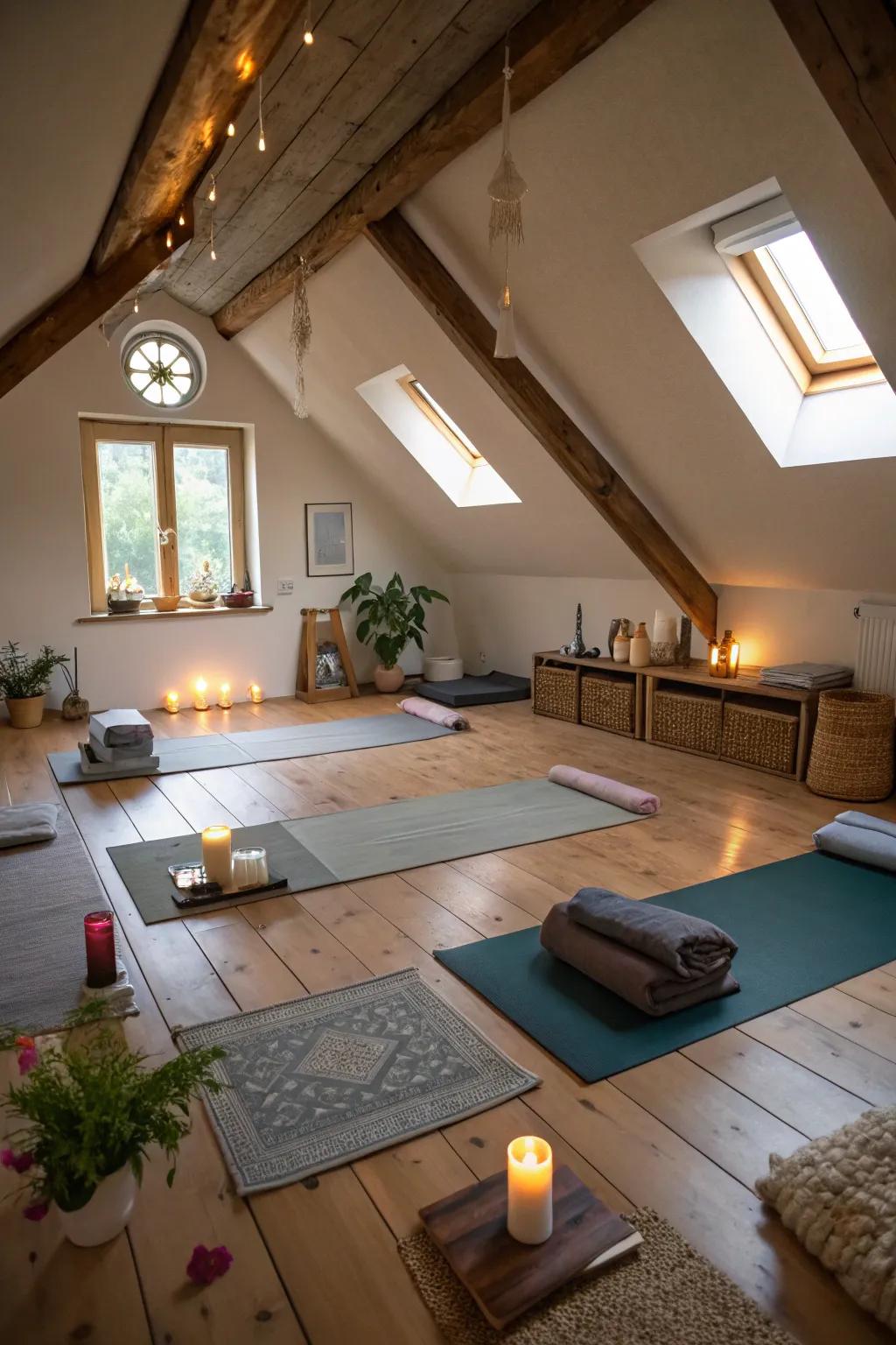 Discover peace and tranquility in an attic yoga and meditation space.